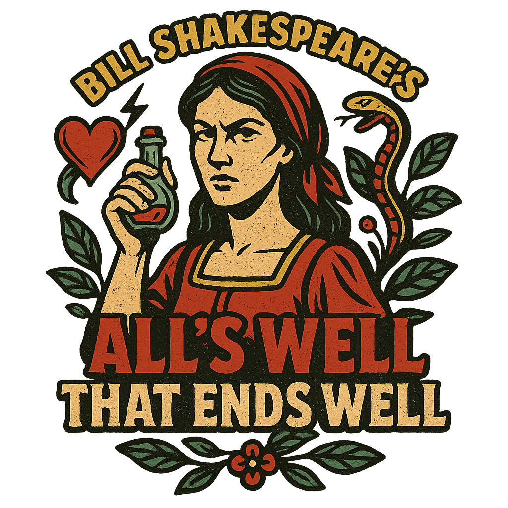 A retro, edgy graphic of a visual representation of a key theme and character from william shakespeare's all's well that ends well – a t-shirt design