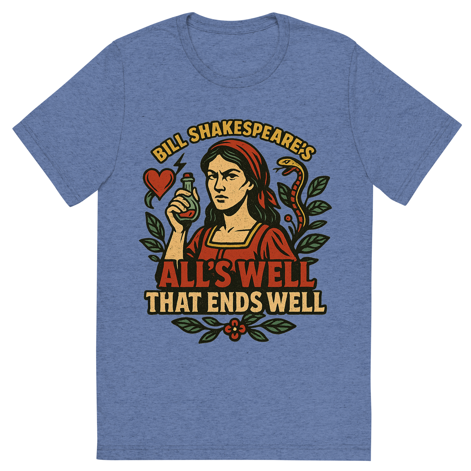 Front view of a Premium Tri-Blend Crew Neck T-Shirt in Blue showing 'A retro, edgy graphic of a visual representation of a key theme and character from william shakespeare's all's well that ends well'