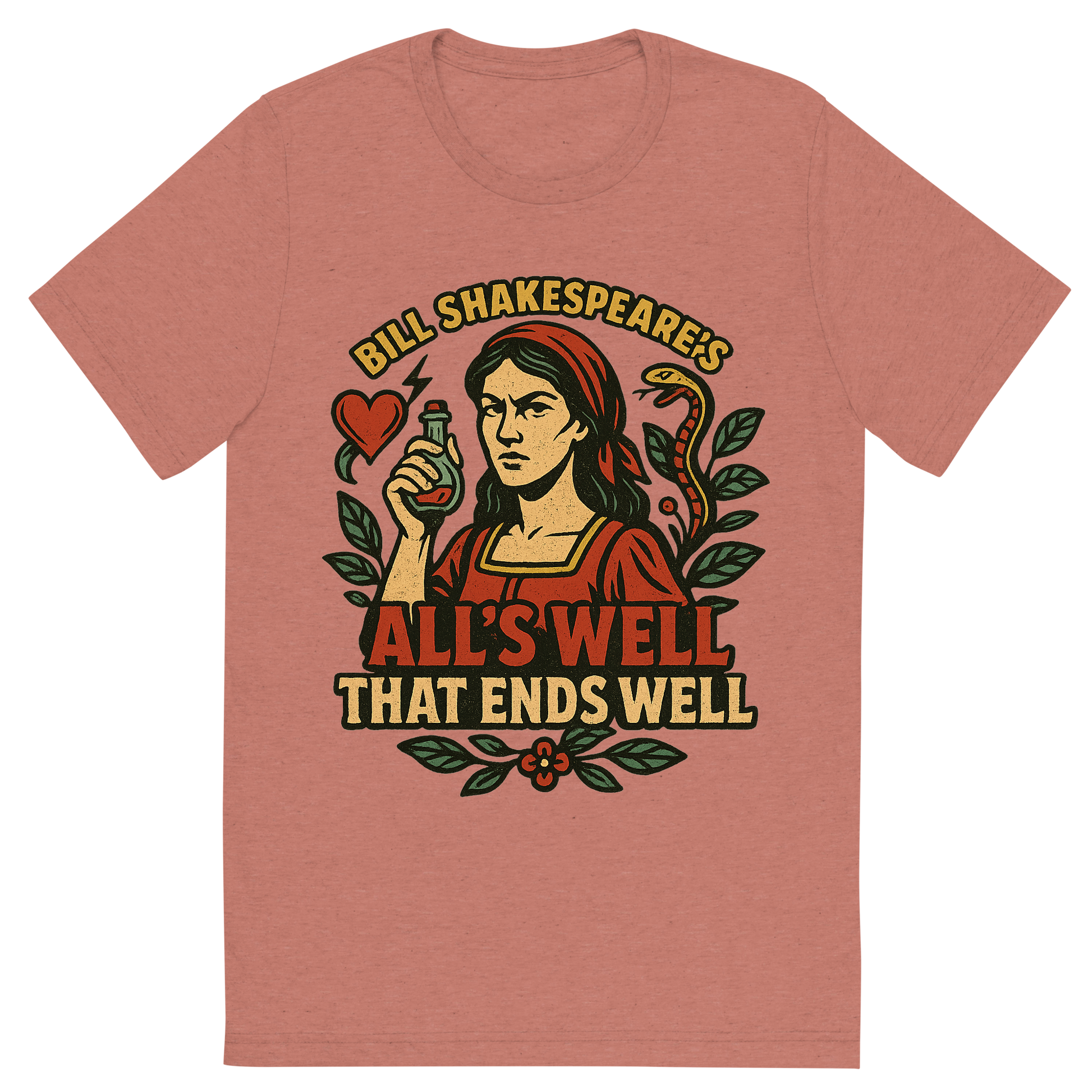 Front view of a Premium Tri-Blend Crew Neck T-Shirt in Mauve showing 'A retro, edgy graphic of a visual representation of a key theme and character from william shakespeare's all's well that ends well'