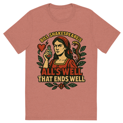 Front view of a Premium Tri-Blend Crew Neck T-Shirt in Mauve showing 'A retro, edgy graphic of a visual representation of a key theme and character from william shakespeare's all's well that ends well'