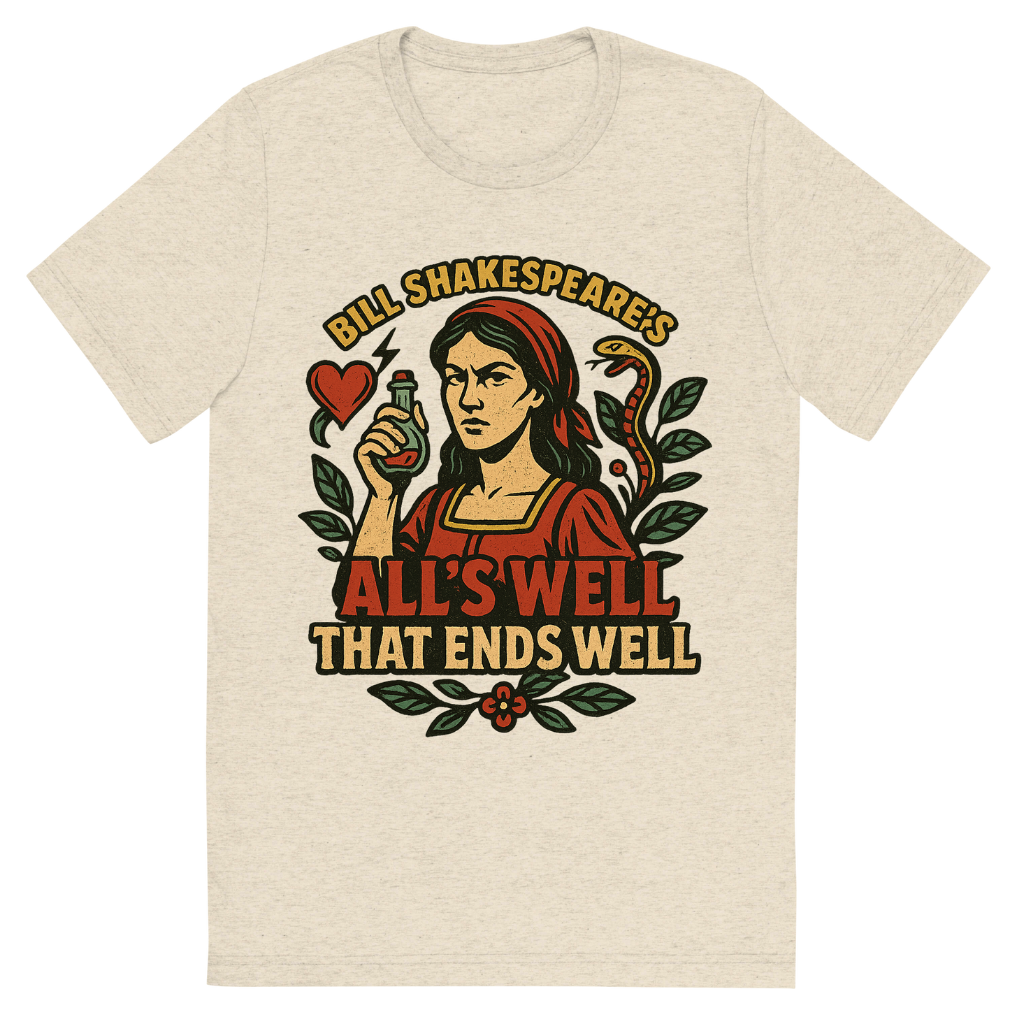 Front view of a Premium Tri-Blend Crew Neck T-Shirt in Oatmeal showing 'A retro, edgy graphic of a visual representation of a key theme and character from william shakespeare's all's well that ends well'