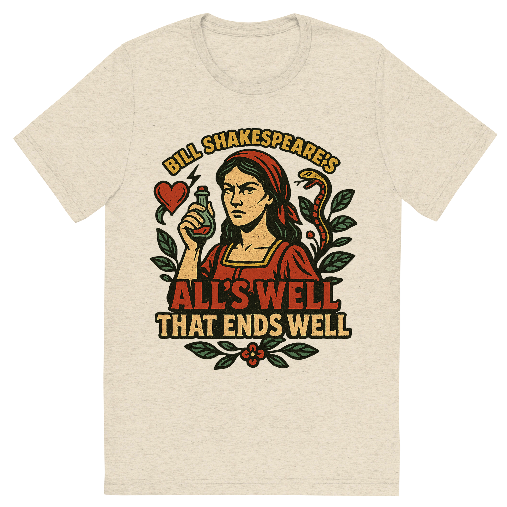 Front view of a Premium Tri-Blend Crew Neck T-Shirt in Oatmeal showing 'A retro, edgy graphic of a visual representation of a key theme and character from william shakespeare's all's well that ends well'