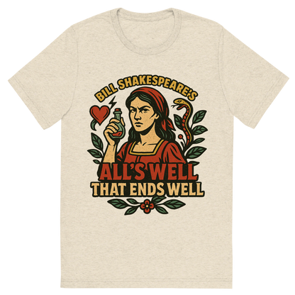 Front view of a Premium Tri-Blend Crew Neck T-Shirt in Oatmeal showing 'A retro, edgy graphic of a visual representation of a key theme and character from william shakespeare's all's well that ends well'