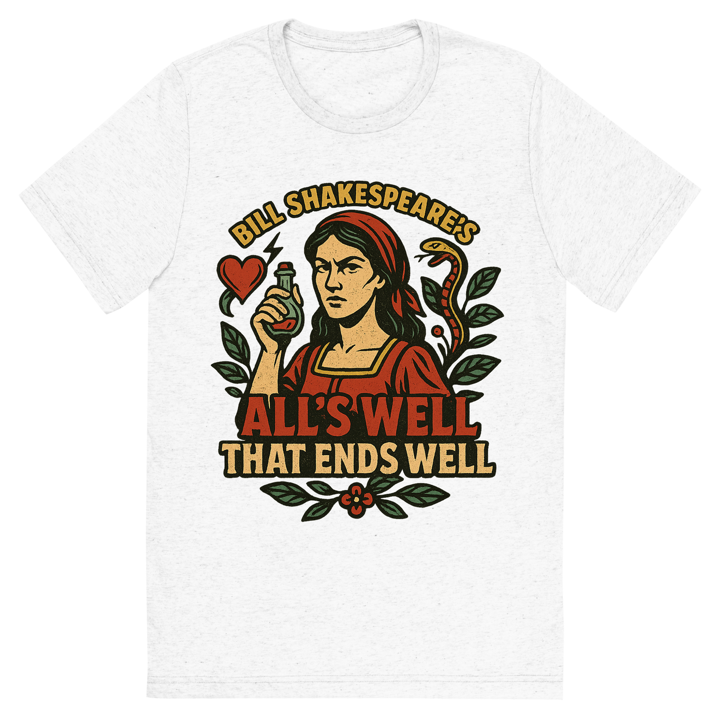 Front view of a Premium Tri-Blend Crew Neck T-Shirt in Solid White showing 'A retro, edgy graphic of a visual representation of a key theme and character from william shakespeare's all's well that ends well'