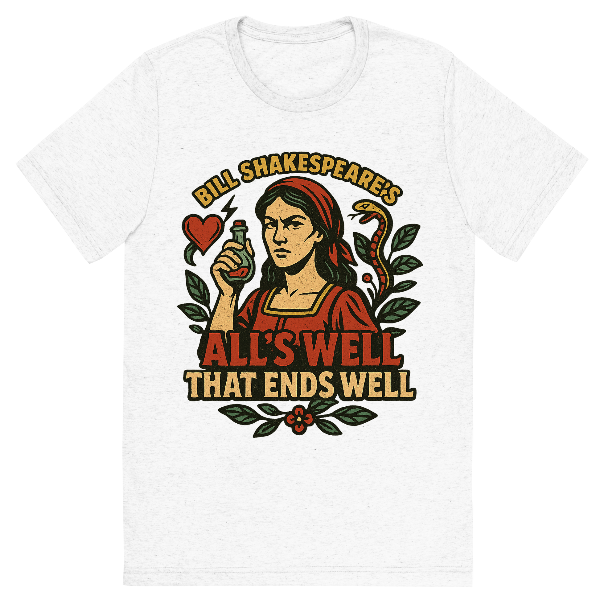 Front view of a Premium Tri-Blend Crew Neck T-Shirt in Solid White showing 'A retro, edgy graphic of a visual representation of a key theme and character from william shakespeare's all's well that ends well'
