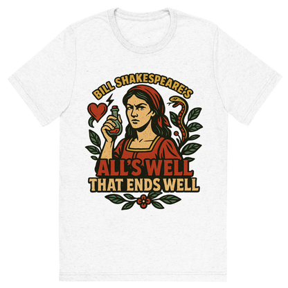 Front view of a Premium Tri-Blend Crew Neck T-Shirt in Solid White showing 'A retro, edgy graphic of a visual representation of a key theme and character from william shakespeare's all's well that ends well'