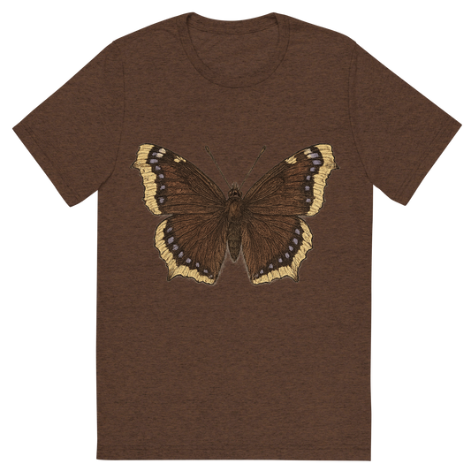 Front view of a Premium Tri-Blend Crew Neck T-Shirt in Brown showing 'A hand-drawn, tranquil graphic of mourning cloak butterfly'