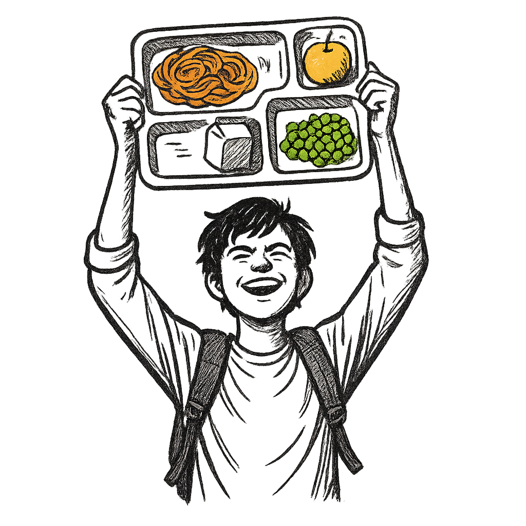 A hand-drawn ink with pop color, triumphant graphic of a student holding a lunch tray like a trophy above their head with the words “cafeteria champion” in bold block text above. hand-drawn ink with pop color on food items. transparent background, centered composition, optimized for dtg printing. - a t-shirt design