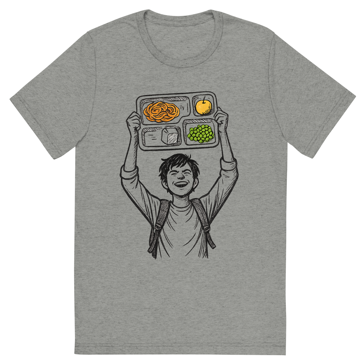 Front view of a Premium Tri-Blend Crew Neck T-Shirt in Athletic Grey showing 'A hand-drawn ink with pop color, triumphant graphic of a student holding a lunch tray like a trophy above their head with the words “cafeteria champion” in bold block text above. hand-drawn ink with pop color on food items. transparent background, centered composition, optimized for dtg printing.'