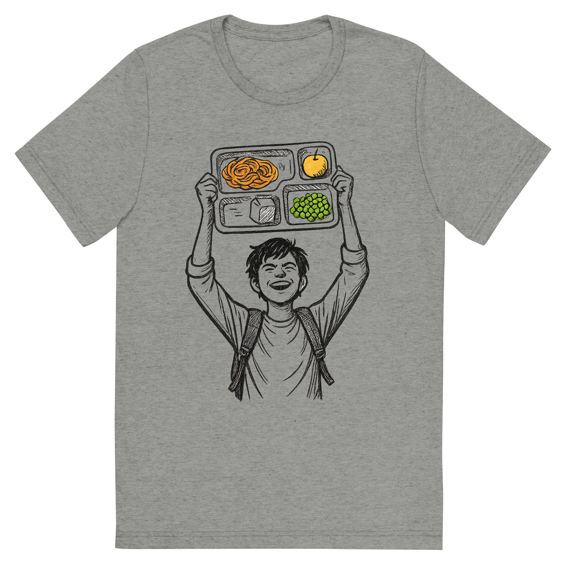 Front view of a Premium Tri-Blend Crew Neck T-Shirt in Athletic Grey showing 'A hand-drawn ink with pop color, triumphant graphic of a student holding a lunch tray like a trophy above their head with the words “cafeteria champion” in bold block text above. hand-drawn ink with pop color on food items. transparent background, centered composition, optimized for dtg printing.'