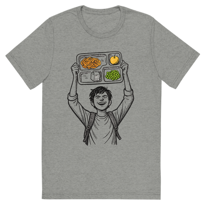 Front view of a Premium Tri-Blend Crew Neck T-Shirt in Athletic Grey showing 'A hand-drawn ink with pop color, triumphant graphic of a student holding a lunch tray like a trophy above their head with the words “cafeteria champion” in bold block text above. hand-drawn ink with pop color on food items. transparent background, centered composition, optimized for dtg printing.'