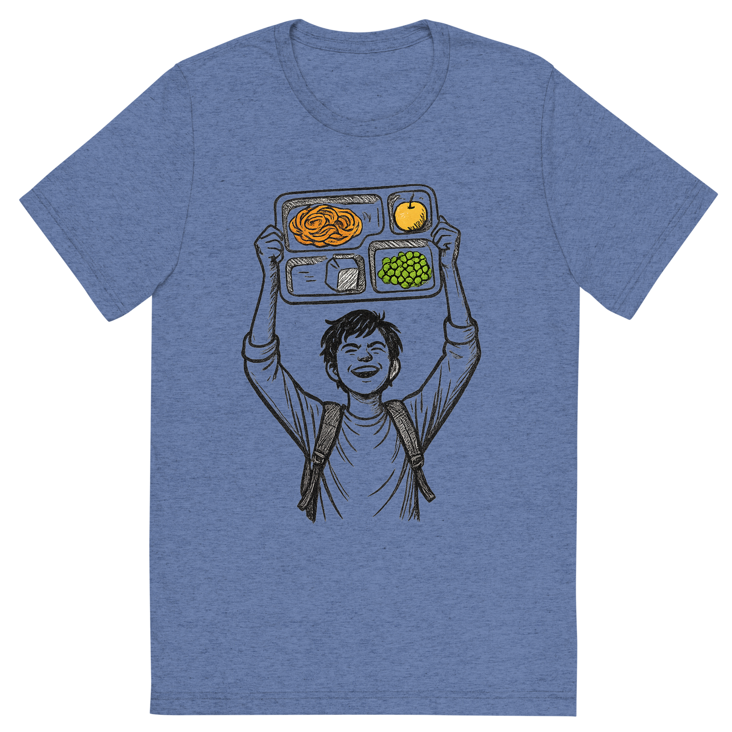 Front view of a Premium Tri-Blend Crew Neck T-Shirt in Blue showing 'A hand-drawn ink with pop color, triumphant graphic of a student holding a lunch tray like a trophy above their head with the words “cafeteria champion” in bold block text above. hand-drawn ink with pop color on food items. transparent background, centered composition, optimized for dtg printing.'