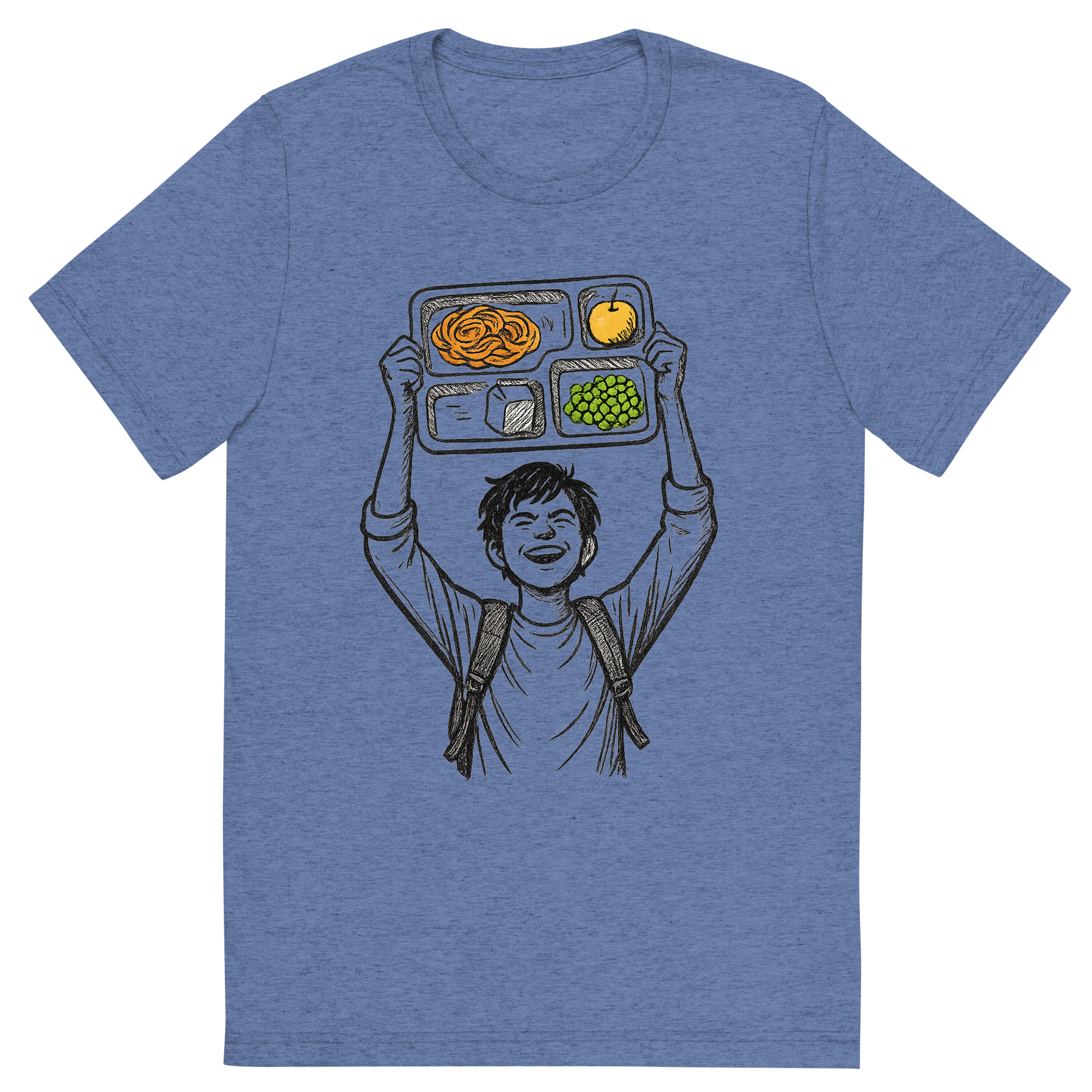 Front view of a Premium Tri-Blend Crew Neck T-Shirt in Blue showing 'A hand-drawn ink with pop color, triumphant graphic of a student holding a lunch tray like a trophy above their head with the words “cafeteria champion” in bold block text above. hand-drawn ink with pop color on food items. transparent background, centered composition, optimized for dtg printing.'