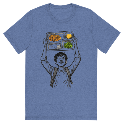 Front view of a Premium Tri-Blend Crew Neck T-Shirt in Blue showing 'A hand-drawn ink with pop color, triumphant graphic of a student holding a lunch tray like a trophy above their head with the words “cafeteria champion” in bold block text above. hand-drawn ink with pop color on food items. transparent background, centered composition, optimized for dtg printing.'