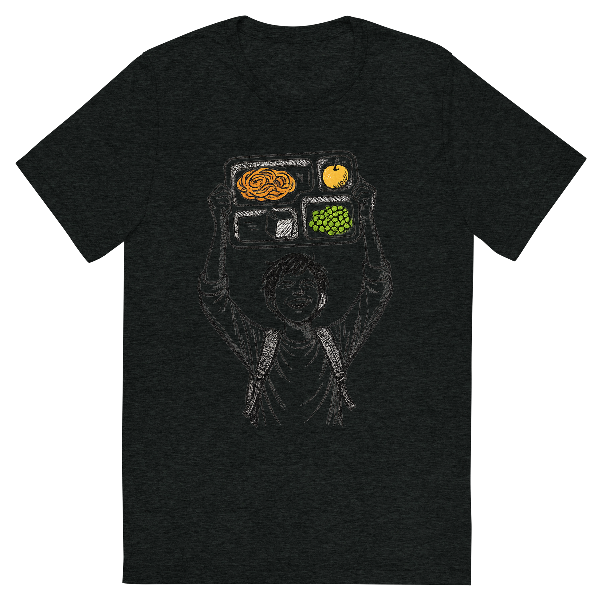 Front view of a Premium Tri-Blend Crew Neck T-Shirt in Charcoal-Black showing 'A hand-drawn ink with pop color, triumphant graphic of a student holding a lunch tray like a trophy above their head with the words “cafeteria champion” in bold block text above. hand-drawn ink with pop color on food items. transparent background, centered composition, optimized for dtg printing.'