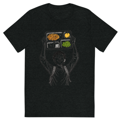 Front view of a Premium Tri-Blend Crew Neck T-Shirt in Charcoal-Black showing 'A hand-drawn ink with pop color, triumphant graphic of a student holding a lunch tray like a trophy above their head with the words “cafeteria champion” in bold block text above. hand-drawn ink with pop color on food items. transparent background, centered composition, optimized for dtg printing.'