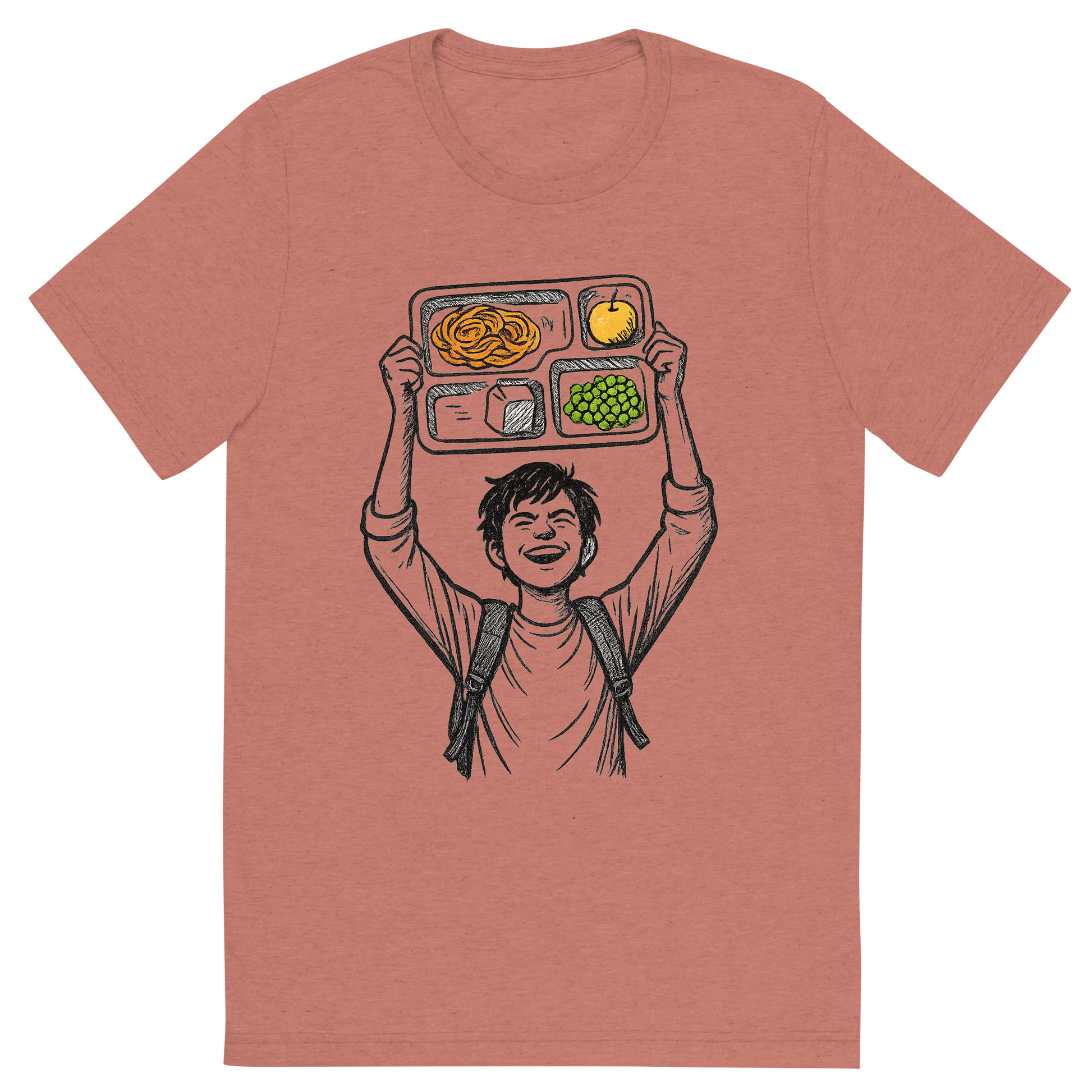 Front view of a Premium Tri-Blend Crew Neck T-Shirt in Mauve showing 'A hand-drawn ink with pop color, triumphant graphic of a student holding a lunch tray like a trophy above their head with the words “cafeteria champion” in bold block text above. hand-drawn ink with pop color on food items. transparent background, centered composition, optimized for dtg printing.'