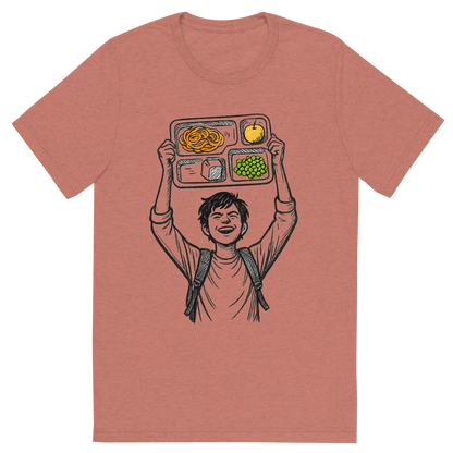 Front view of a Premium Tri-Blend Crew Neck T-Shirt in Mauve showing 'A hand-drawn ink with pop color, triumphant graphic of a student holding a lunch tray like a trophy above their head with the words “cafeteria champion” in bold block text above. hand-drawn ink with pop color on food items. transparent background, centered composition, optimized for dtg printing.'