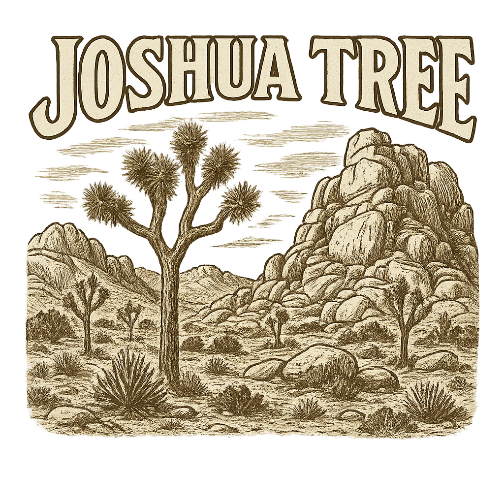 A typographic, nostalgic graphic of a typographic illustration of the words 'joshua tree' with a vintage line art drawing of the hidden valley – a t-shirt design