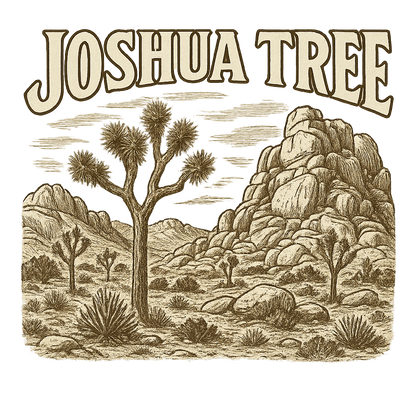 A typographic, nostalgic graphic of a typographic illustration of the words 'joshua tree' with a vintage line art drawing of the hidden valley – a t-shirt design