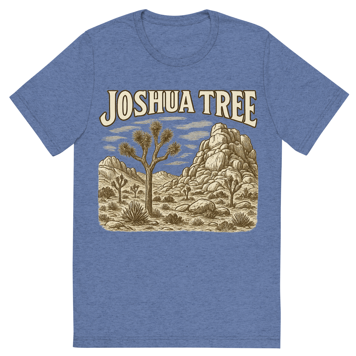 Front view of a Premium Tri-Blend Crew Neck T-Shirt in Blue showing 'A typographic, nostalgic graphic of a typographic illustration of the words 'joshua tree' with a vintage line art drawing of the hidden valley'