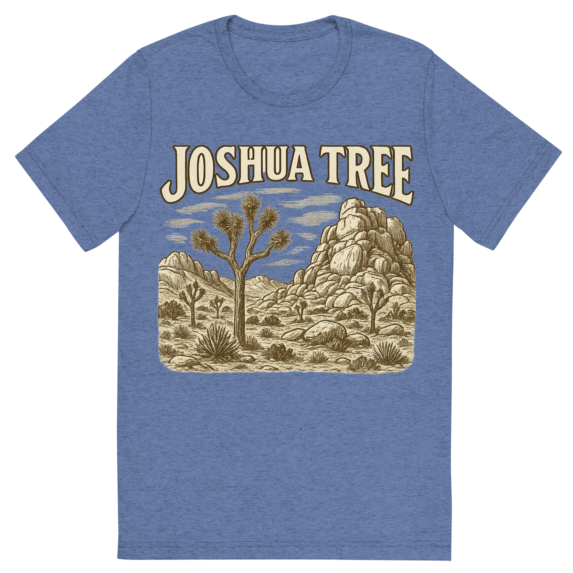Front view of a Premium Tri-Blend Crew Neck T-Shirt in Blue showing 'A typographic, nostalgic graphic of a typographic illustration of the words 'joshua tree' with a vintage line art drawing of the hidden valley'