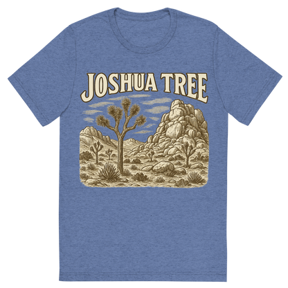 Front view of a Premium Tri-Blend Crew Neck T-Shirt in Blue showing 'A typographic, nostalgic graphic of a typographic illustration of the words 'joshua tree' with a vintage line art drawing of the hidden valley'