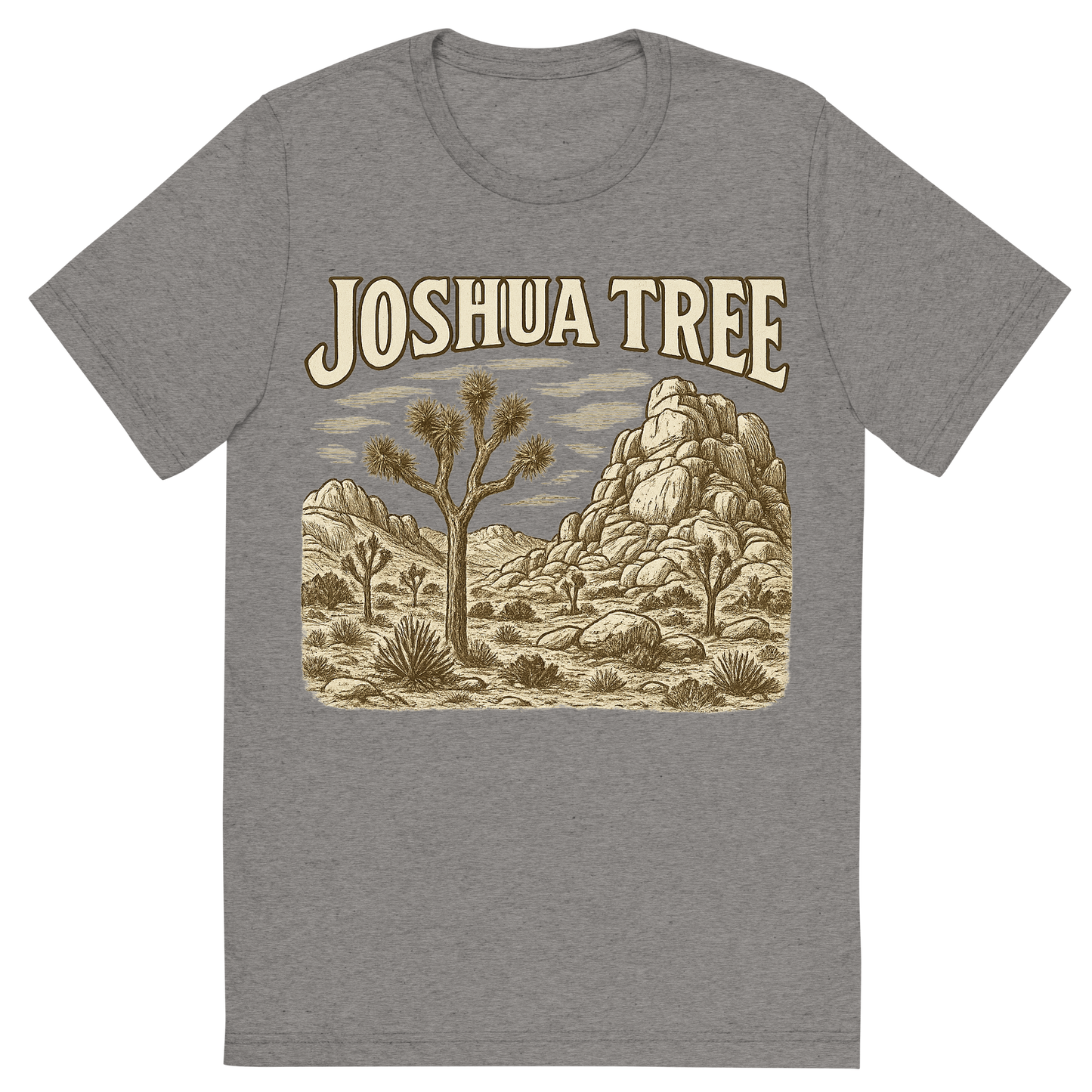 Front view of a Premium Tri-Blend Crew Neck T-Shirt in Grey showing 'A typographic, nostalgic graphic of a typographic illustration of the words 'joshua tree' with a vintage line art drawing of the hidden valley'