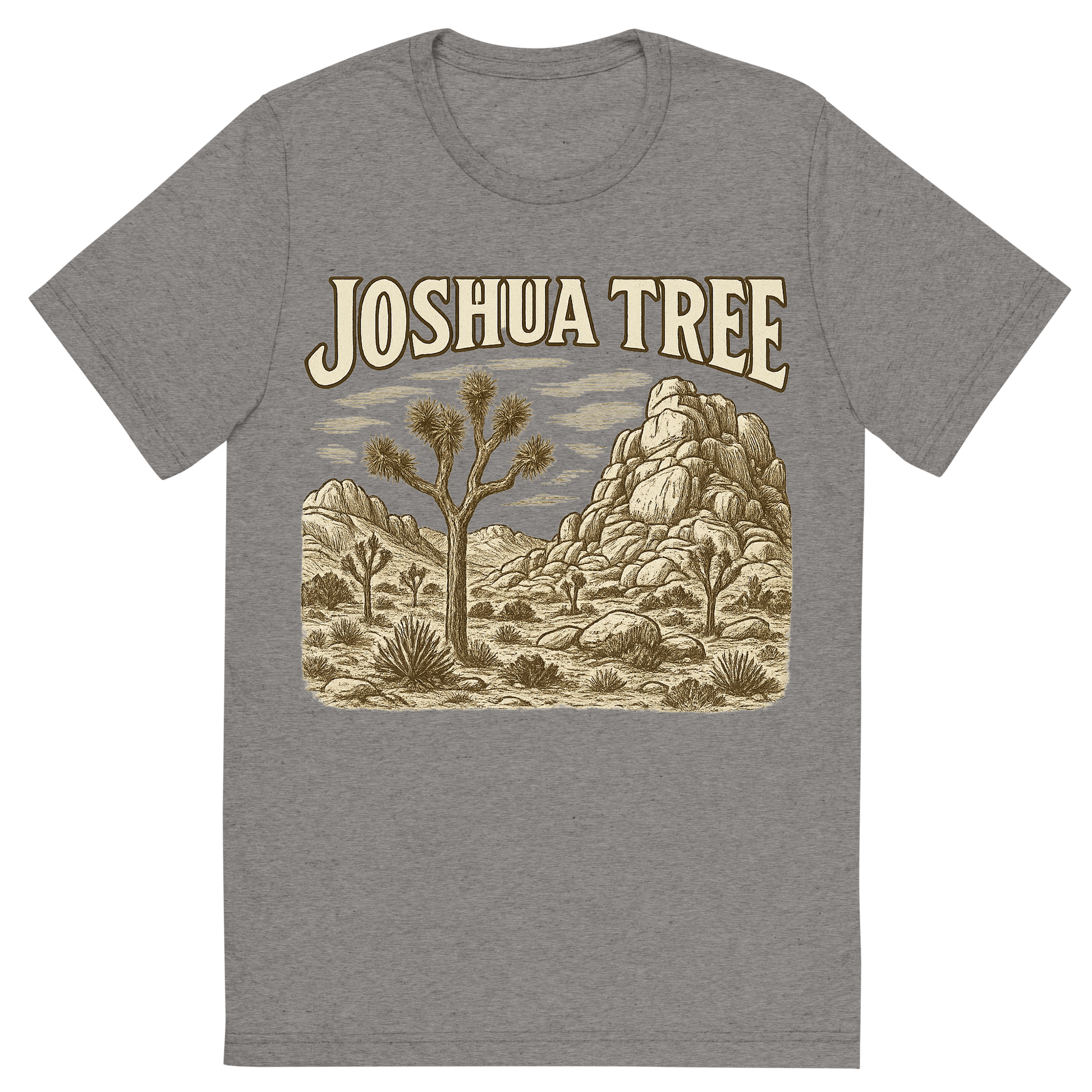 Front view of a Premium Tri-Blend Crew Neck T-Shirt in Grey showing 'A typographic, nostalgic graphic of a typographic illustration of the words 'joshua tree' with a vintage line art drawing of the hidden valley'