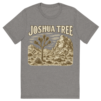 Front view of a Premium Tri-Blend Crew Neck T-Shirt in Grey showing 'A typographic, nostalgic graphic of a typographic illustration of the words 'joshua tree' with a vintage line art drawing of the hidden valley'