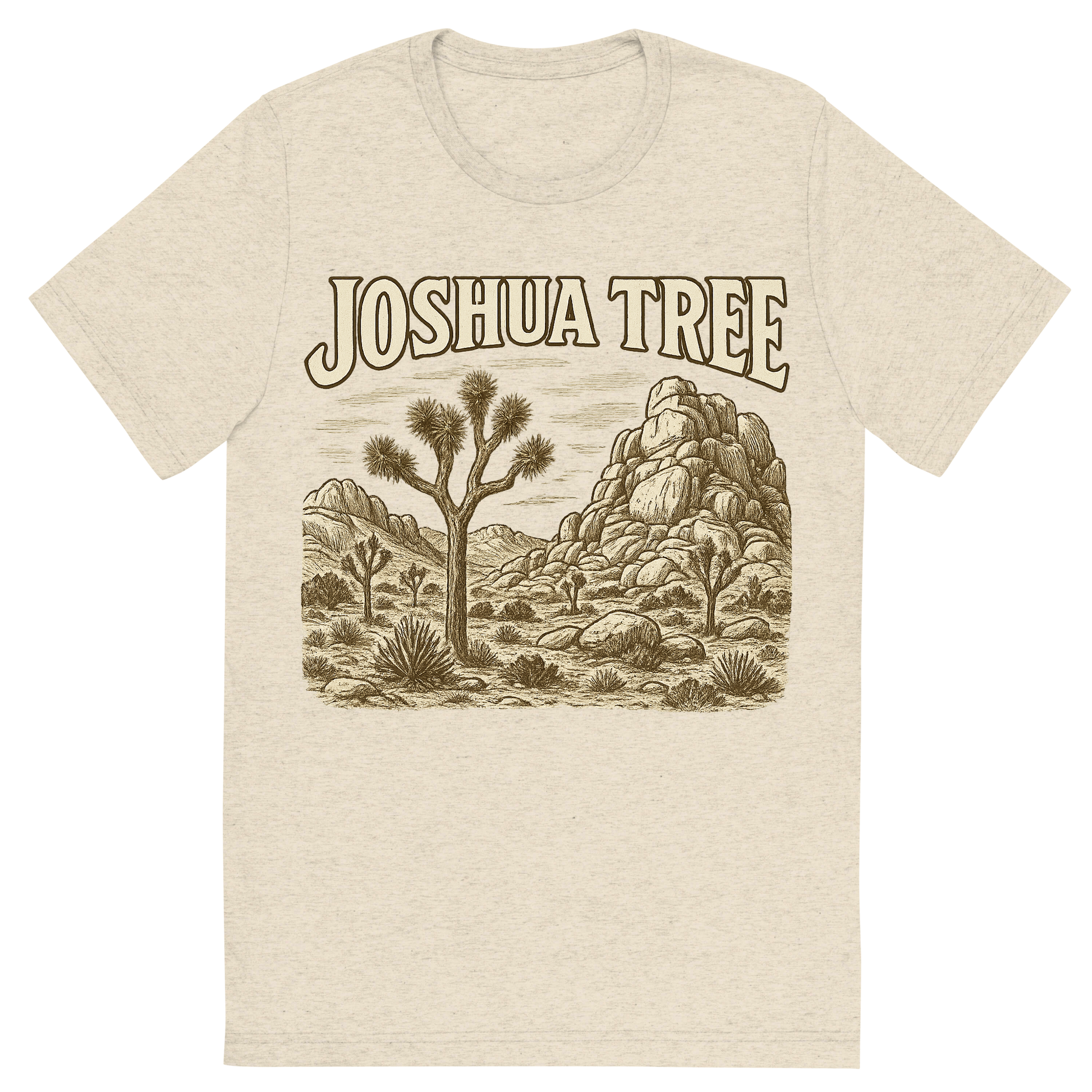 Front view of a Premium Tri-Blend Crew Neck T-Shirt in Oatmeal showing 'A typographic, nostalgic graphic of a typographic illustration of the words 'joshua tree' with a vintage line art drawing of the hidden valley'