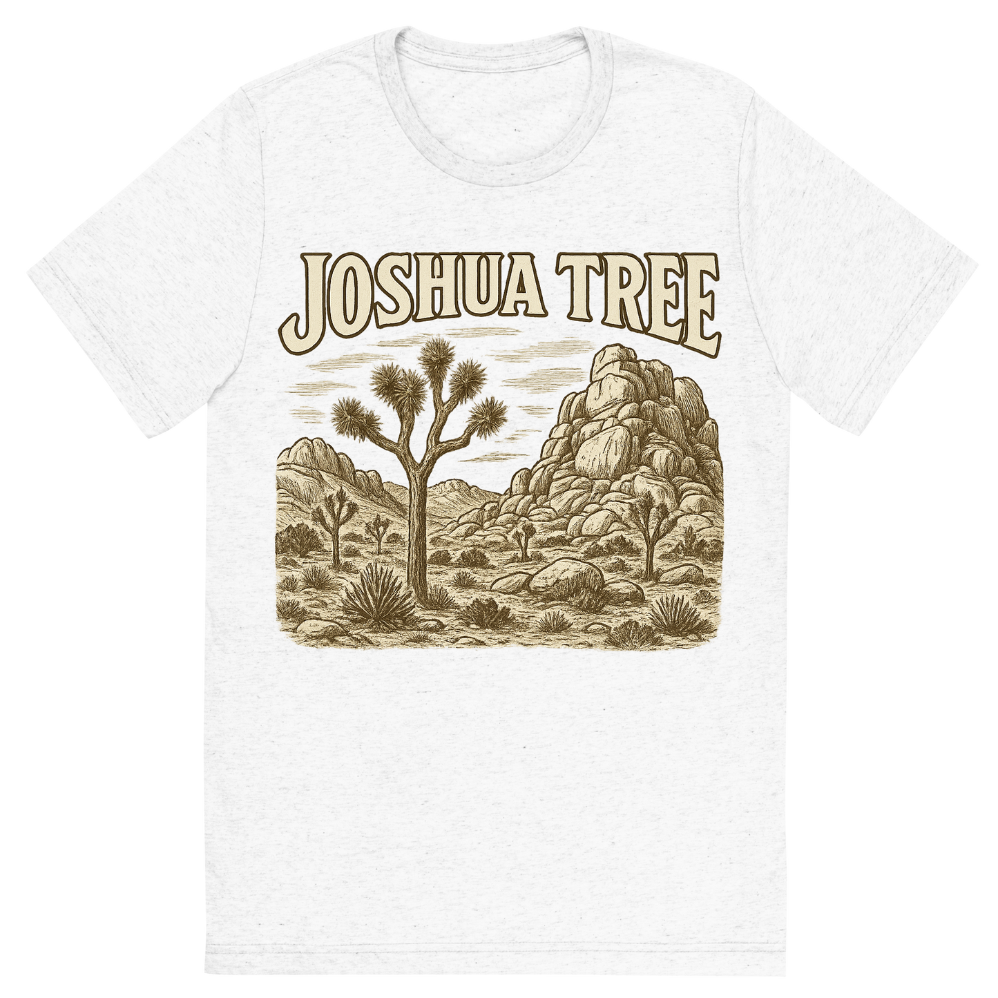 Front view of a Premium Tri-Blend Crew Neck T-Shirt in Solid White showing 'A typographic, nostalgic graphic of a typographic illustration of the words 'joshua tree' with a vintage line art drawing of the hidden valley'