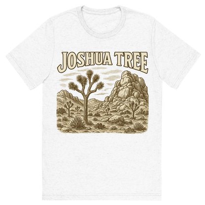 Front view of a Premium Tri-Blend Crew Neck T-Shirt in Solid White showing 'A typographic, nostalgic graphic of a typographic illustration of the words 'joshua tree' with a vintage line art drawing of the hidden valley'