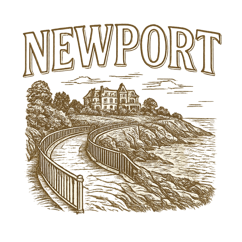 A typographic, nostalgic graphic of a typographic illustration of the words 'newport' with a vintage line art drawing of the cliff walk – a t-shirt design