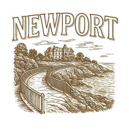 A typographic, nostalgic graphic of a typographic illustration of the words 'newport' with a vintage line art drawing of the cliff walk – a t-shirt design