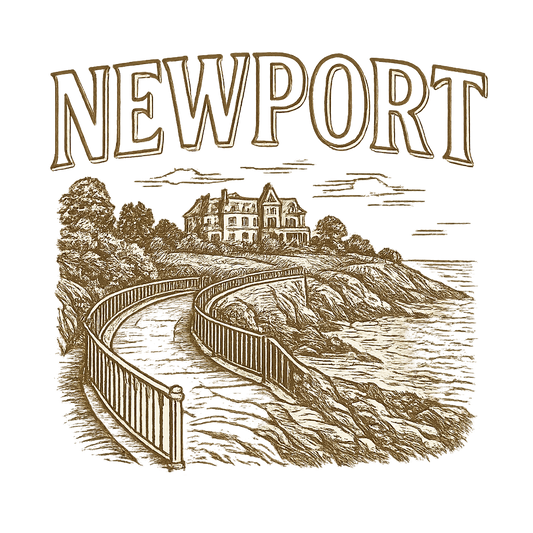A typographic, nostalgic graphic of a typographic illustration of the words 'newport' with a vintage line art drawing of the cliff walk – a t-shirt design