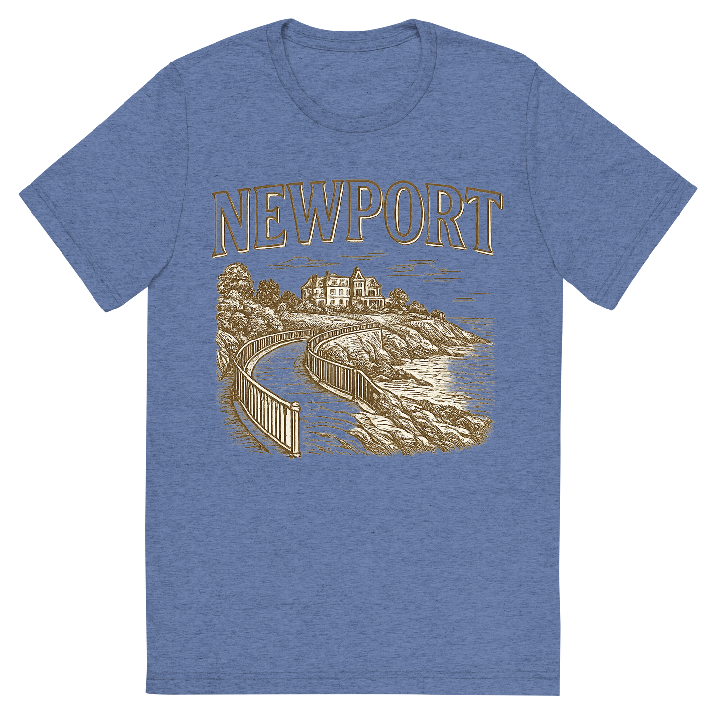 Front view of a Premium Tri-Blend Crew Neck T-Shirt in Blue showing 'A typographic, nostalgic graphic of a typographic illustration of the words 'newport' with a vintage line art drawing of the cliff walk'