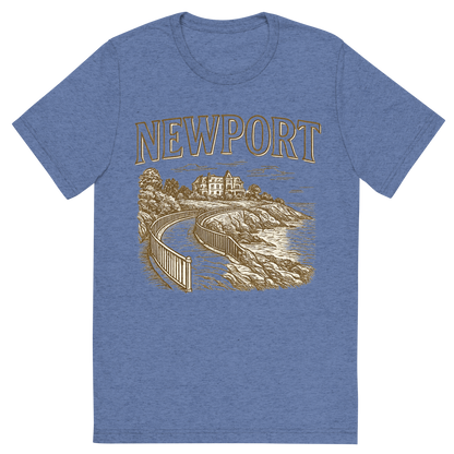 Front view of a Premium Tri-Blend Crew Neck T-Shirt in Blue showing 'A typographic, nostalgic graphic of a typographic illustration of the words 'newport' with a vintage line art drawing of the cliff walk'