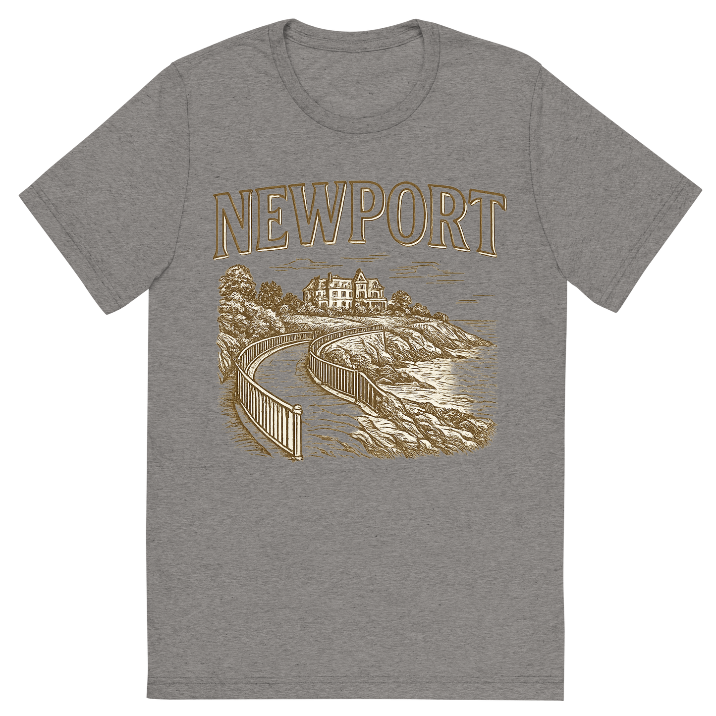 Front view of a Premium Tri-Blend Crew Neck T-Shirt in Grey showing 'A typographic, nostalgic graphic of a typographic illustration of the words 'newport' with a vintage line art drawing of the cliff walk'