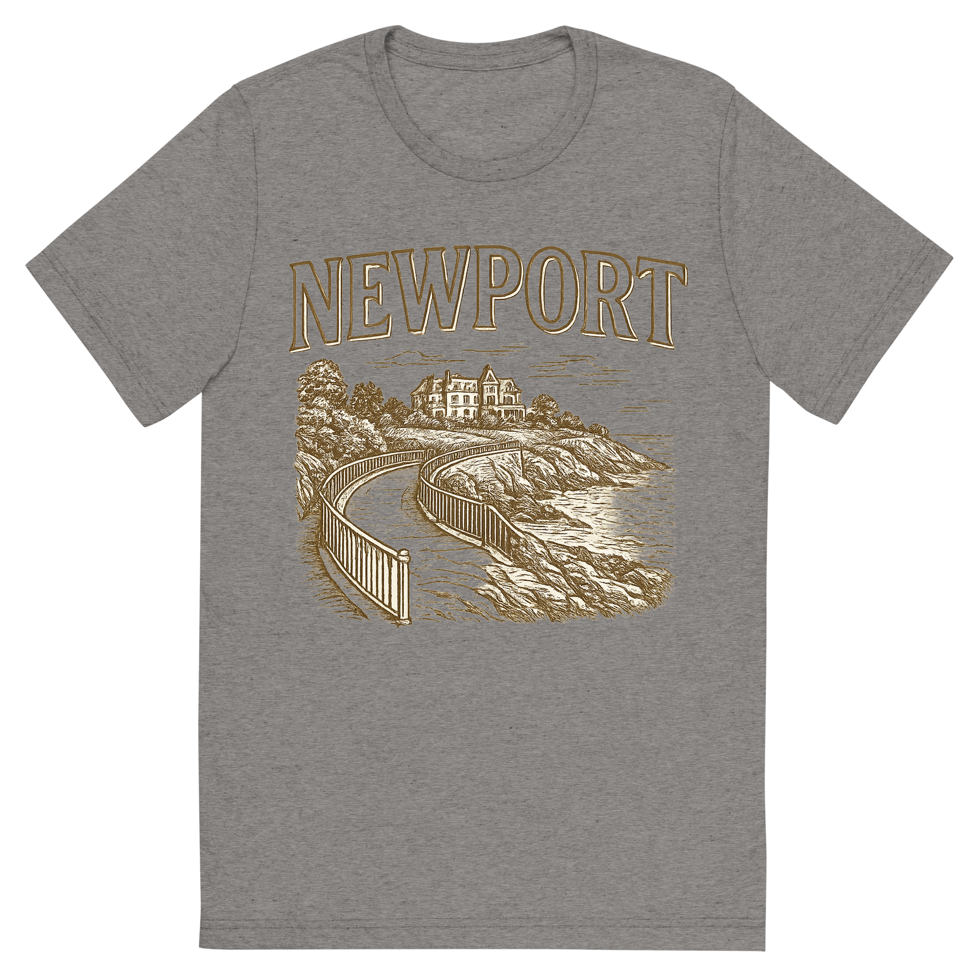 Front view of a Premium Tri-Blend Crew Neck T-Shirt in Grey showing 'A typographic, nostalgic graphic of a typographic illustration of the words 'newport' with a vintage line art drawing of the cliff walk'