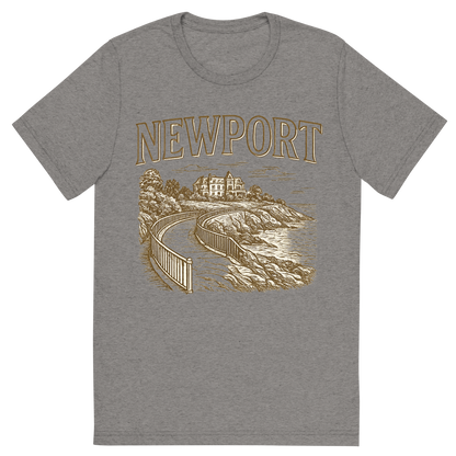 Front view of a Premium Tri-Blend Crew Neck T-Shirt in Grey showing 'A typographic, nostalgic graphic of a typographic illustration of the words 'newport' with a vintage line art drawing of the cliff walk'