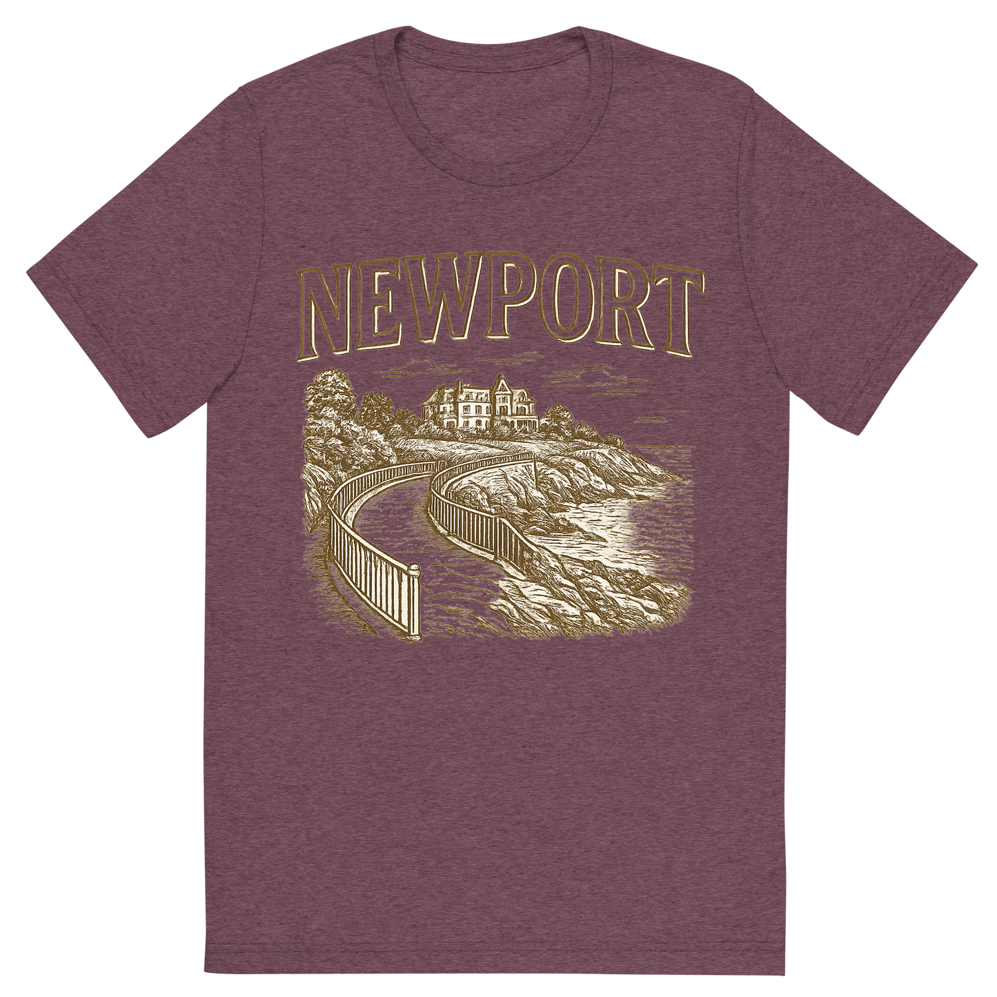 Front view of a Premium Tri-Blend Crew Neck T-Shirt in Maroon showing 'A typographic, nostalgic graphic of a typographic illustration of the words 'newport' with a vintage line art drawing of the cliff walk'