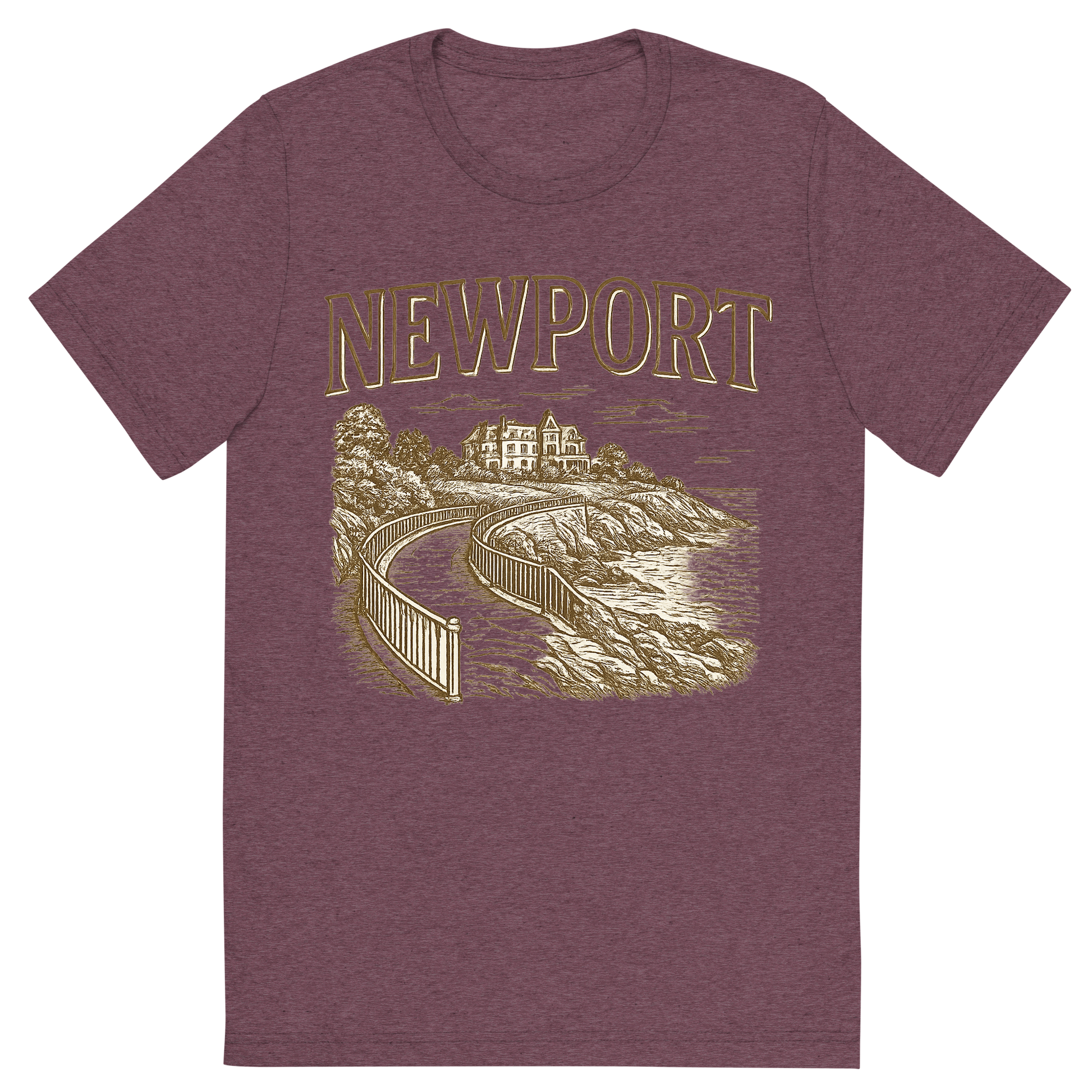 Front view of a Premium Tri-Blend Crew Neck T-Shirt in Maroon showing 'A typographic, nostalgic graphic of a typographic illustration of the words 'newport' with a vintage line art drawing of the cliff walk'