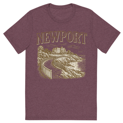Front view of a Premium Tri-Blend Crew Neck T-Shirt in Maroon showing 'A typographic, nostalgic graphic of a typographic illustration of the words 'newport' with a vintage line art drawing of the cliff walk'