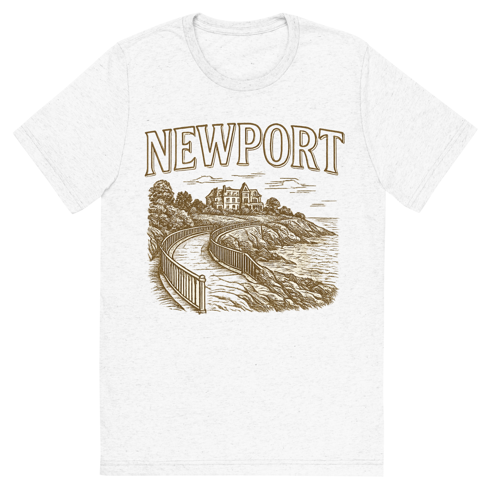 Front view of a Premium Tri-Blend Crew Neck T-Shirt in Solid White showing 'A typographic, nostalgic graphic of a typographic illustration of the words 'newport' with a vintage line art drawing of the cliff walk'