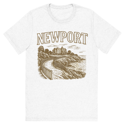 Front view of a Premium Tri-Blend Crew Neck T-Shirt in Solid White showing 'A typographic, nostalgic graphic of a typographic illustration of the words 'newport' with a vintage line art drawing of the cliff walk'