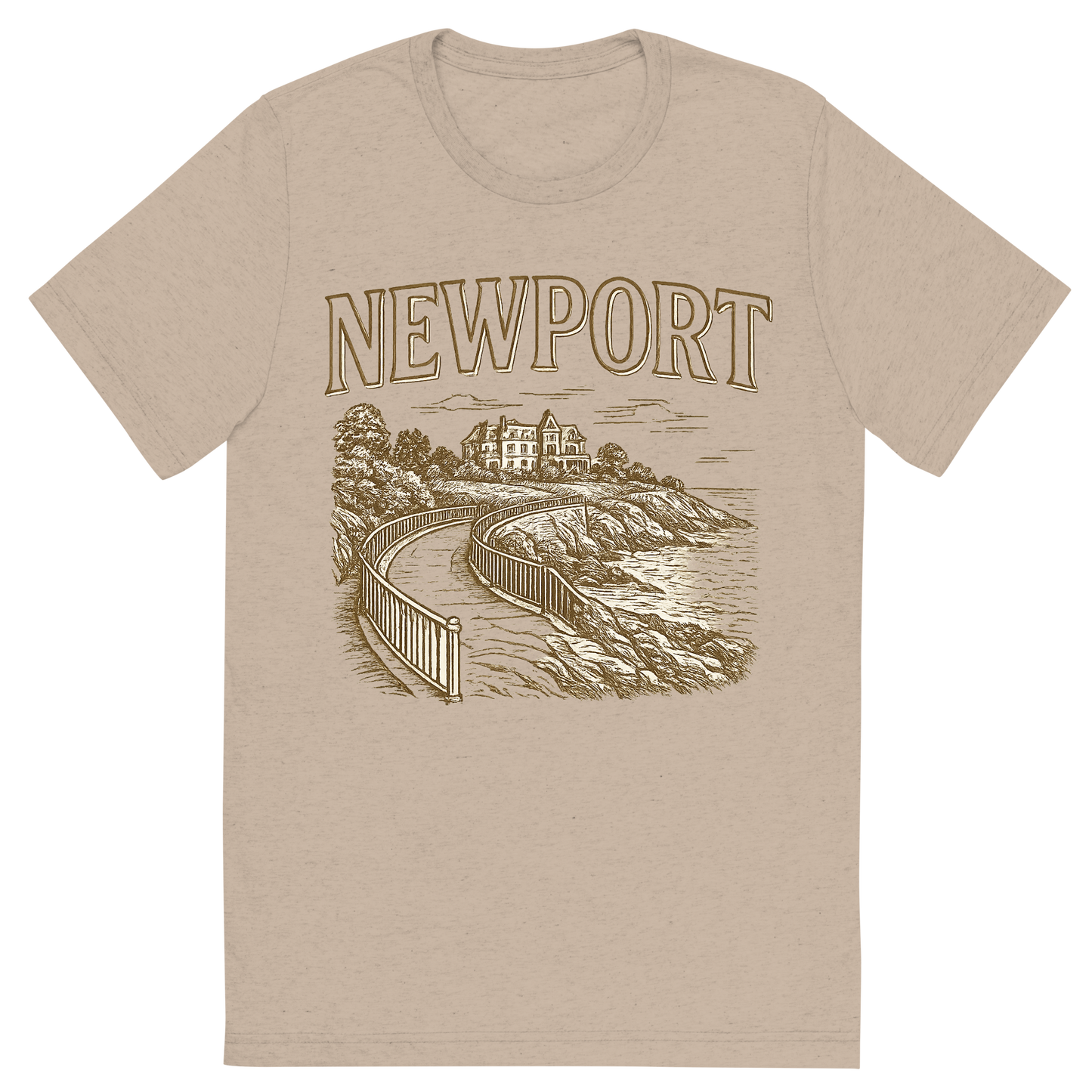 Front view of a Premium Tri-Blend Crew Neck T-Shirt in Tan showing 'A typographic, nostalgic graphic of a typographic illustration of the words 'newport' with a vintage line art drawing of the cliff walk'