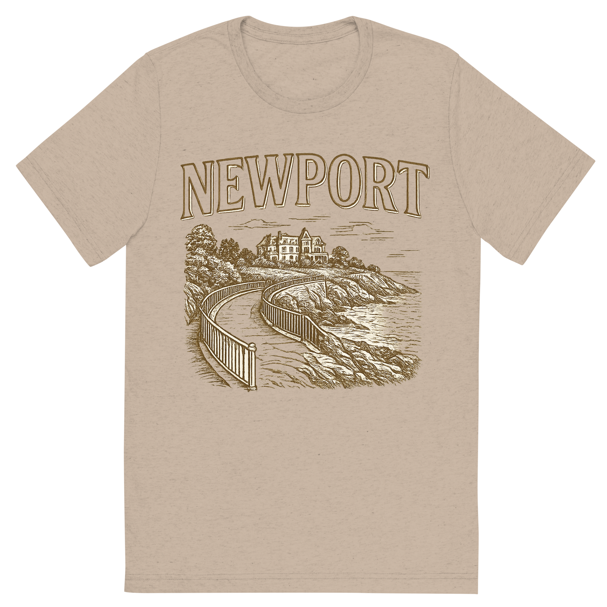 Front view of a Premium Tri-Blend Crew Neck T-Shirt in Tan showing 'A typographic, nostalgic graphic of a typographic illustration of the words 'newport' with a vintage line art drawing of the cliff walk'