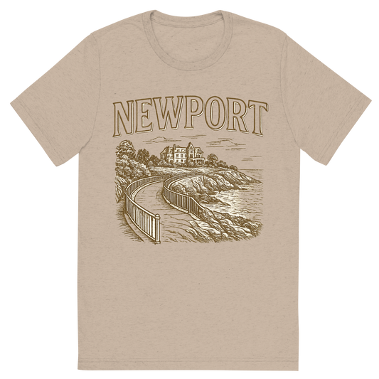 Front view of a Premium Tri-Blend Crew Neck T-Shirt in Tan showing 'A typographic, nostalgic graphic of a typographic illustration of the words 'newport' with a vintage line art drawing of the cliff walk'