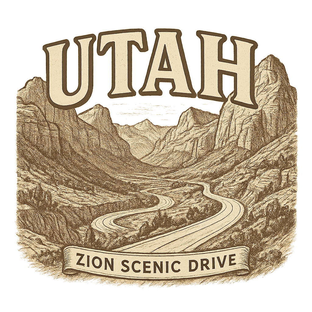 A typographic, nostalgic graphic of a typographic illustration of the words 'utah' with a vintage line art drawing of the zion scenic drive – a t-shirt design